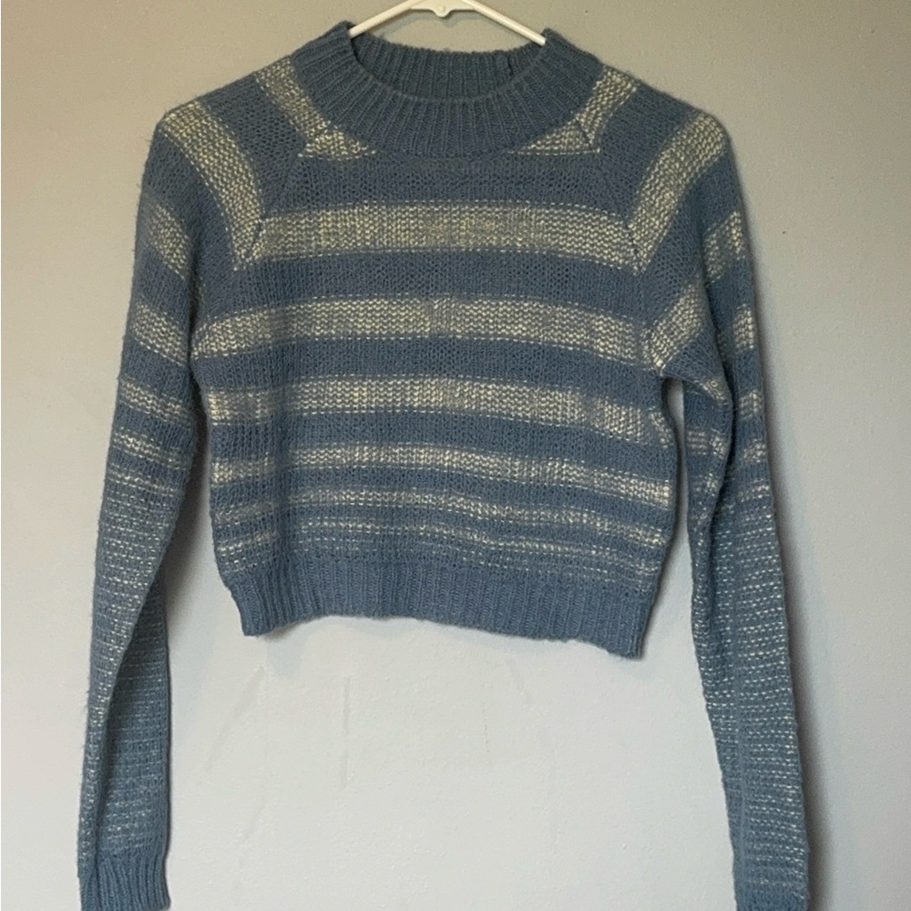 Zara Blue and White Striped Crew Neck Wool Blend Sweater